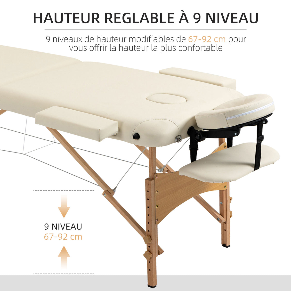 Lit/Table de Massage cosmetique Pliable en Bois 2 Zones crème-3