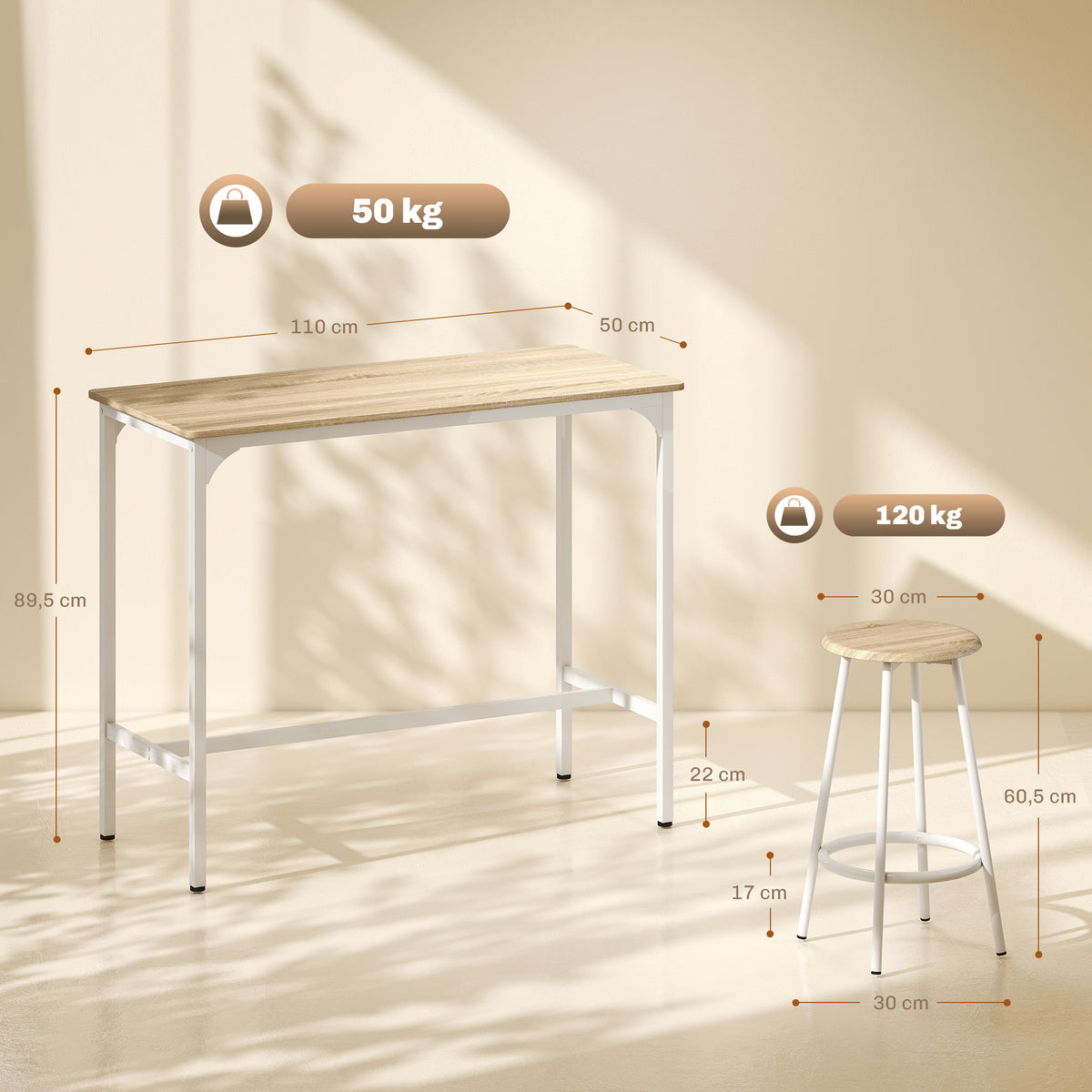 Ensemble table haute et 4 tabourets avec Repose-Pieds style moderne, structutre en métal effet bois naturel-2