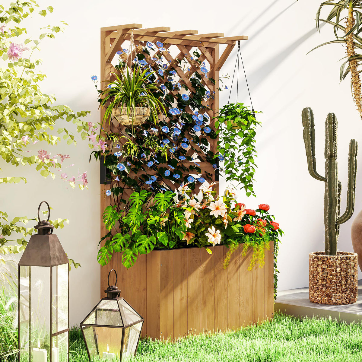 Jardinière avec treillis, bac à fleurs en bois massif avec trous de drainage et doublure, 64 x 33 x 122 cm, bois naturel-1