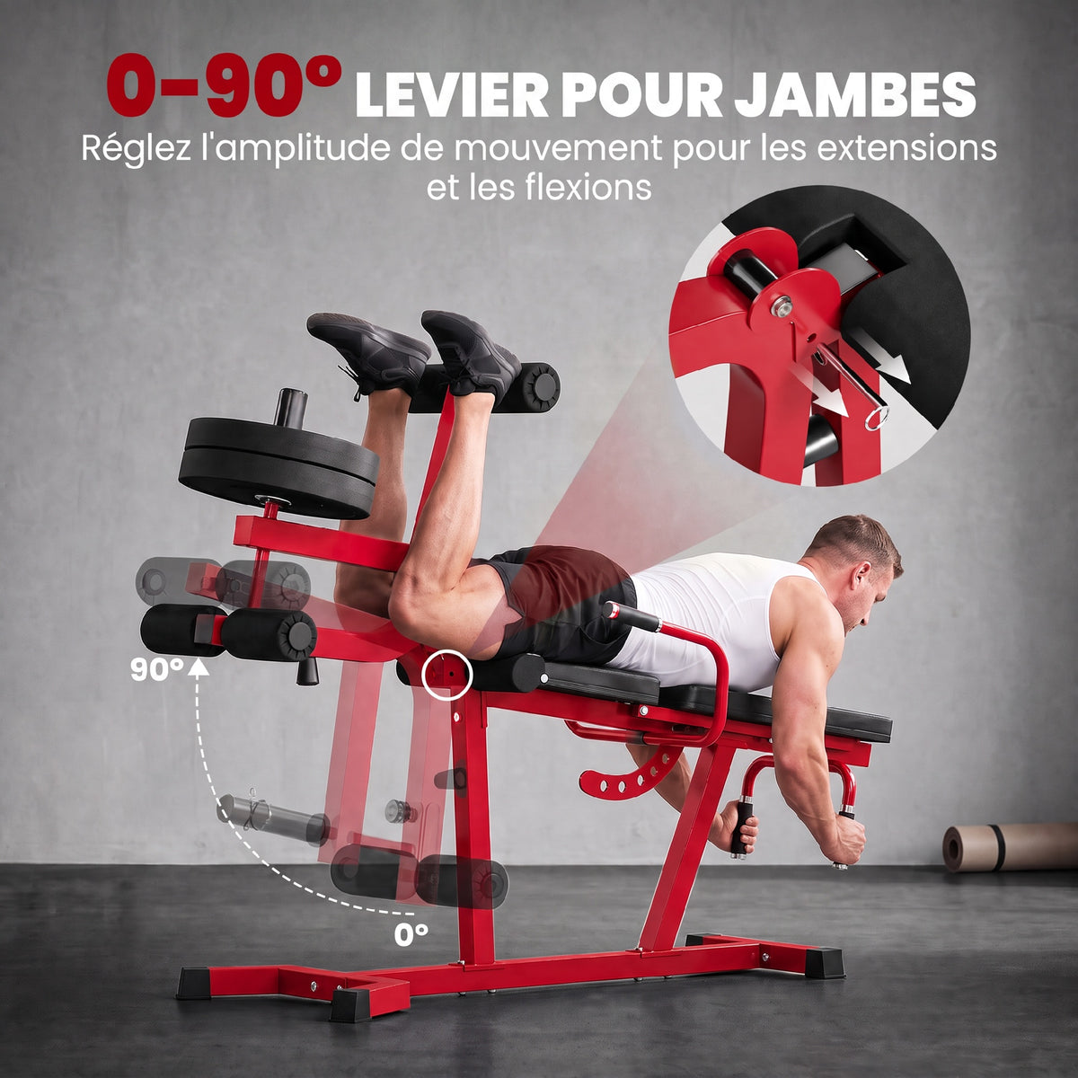 Machine d'Extension de Jambe 3 en 1 Charge 300 kg, Dossier et Positions Réglables, Disques Libres, 163x58x118cm, Rouge-4