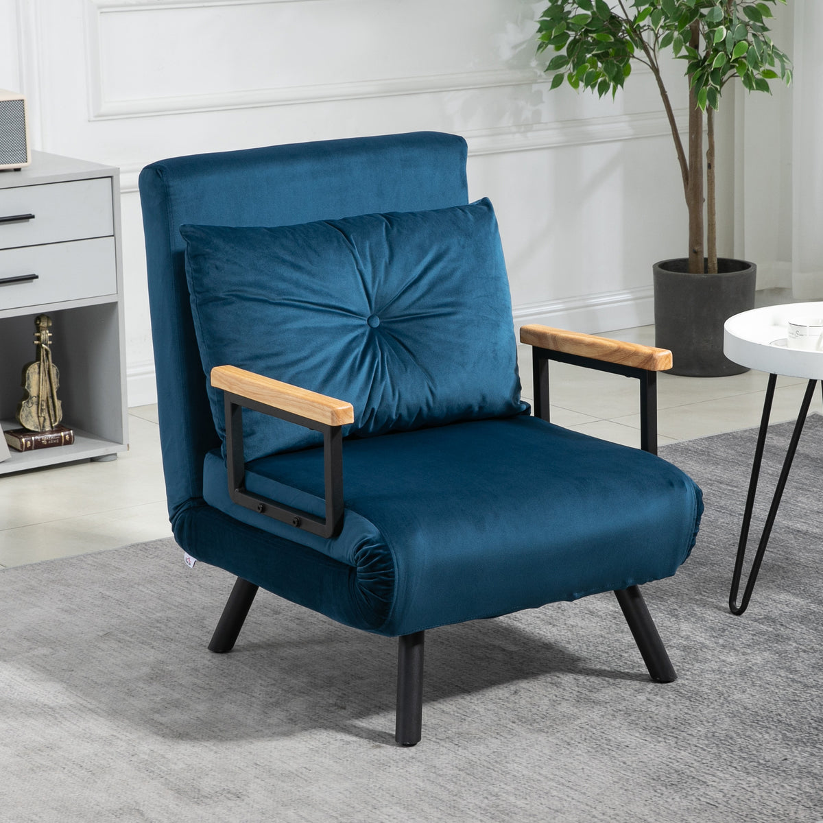 Fauteuil convertible 3 en 1 lit 1 place dossier 5 positions, accoudoirs en bois et coussin, tissu effet velours, bleu-6