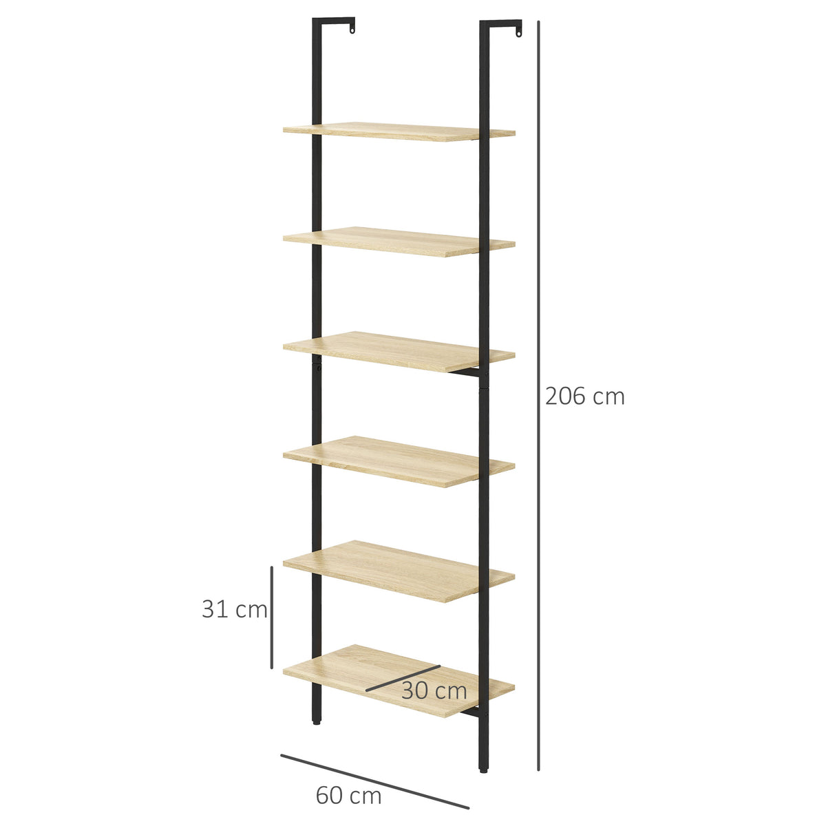 Étagère échelle mural bibliothèque style industriel 6 étagères acier noir aspect bois naturel dim. 60L x 30l x 206H cm-2