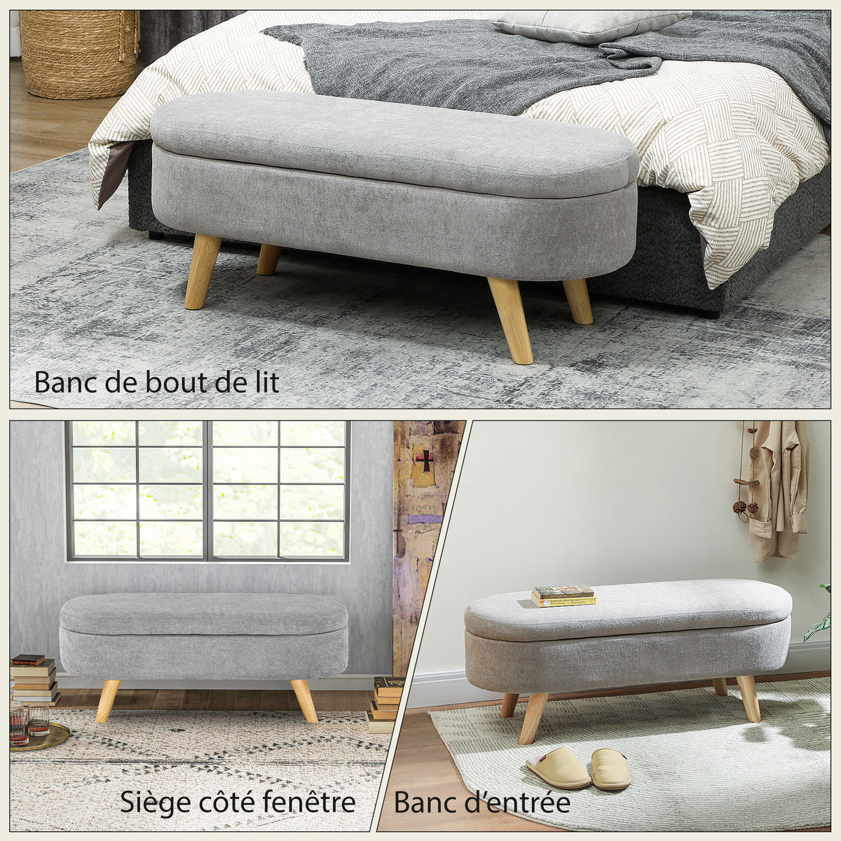 Banc banquette bout de lit coffre de rangement 2 en 1 en tissu avec pieds en bois 110l x 40P x 43H cm gris clair-5