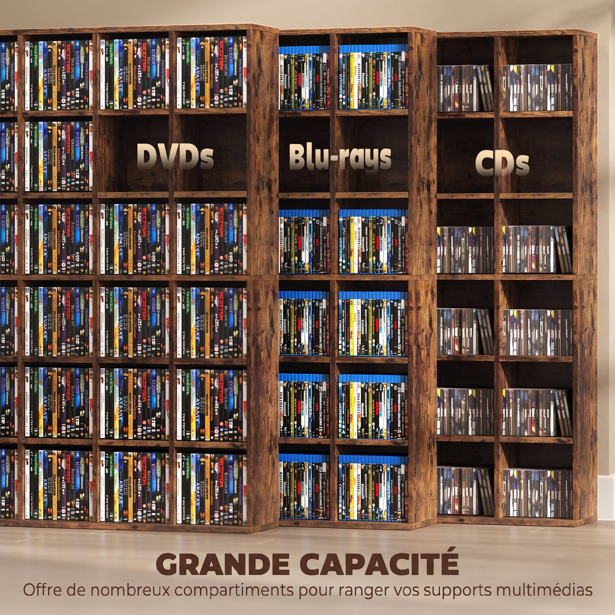 Meuble de Rangement 456 CDs / 336 DVDs, Étagère Multimédia, 24 Compartiments et 16 Étagères Ajustables, Marron-3