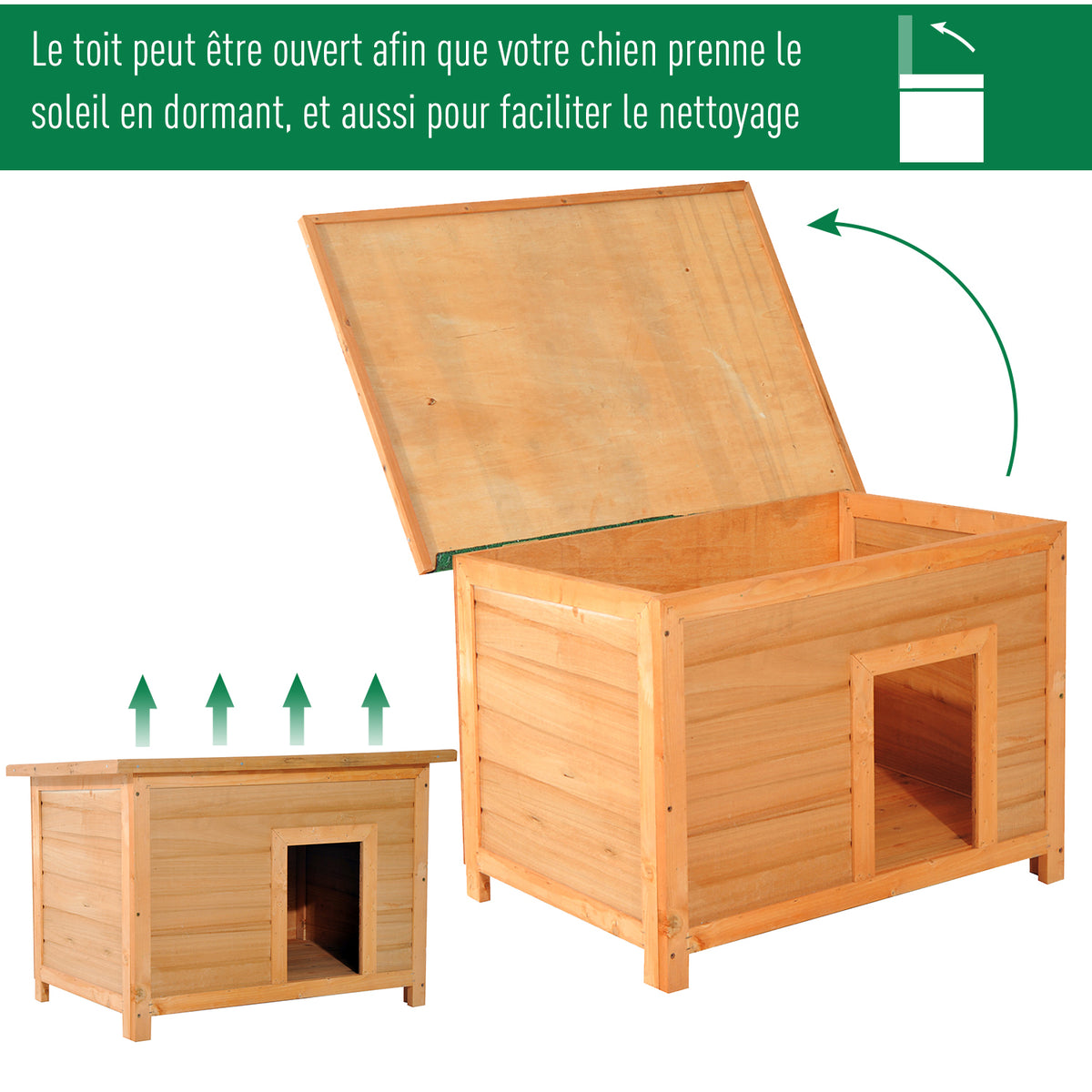 Niche pour chien chat en bois sur pied chenil toit ouvrant bitumé pin massif pré-huilé 85 x 58 x 58 cm-5
