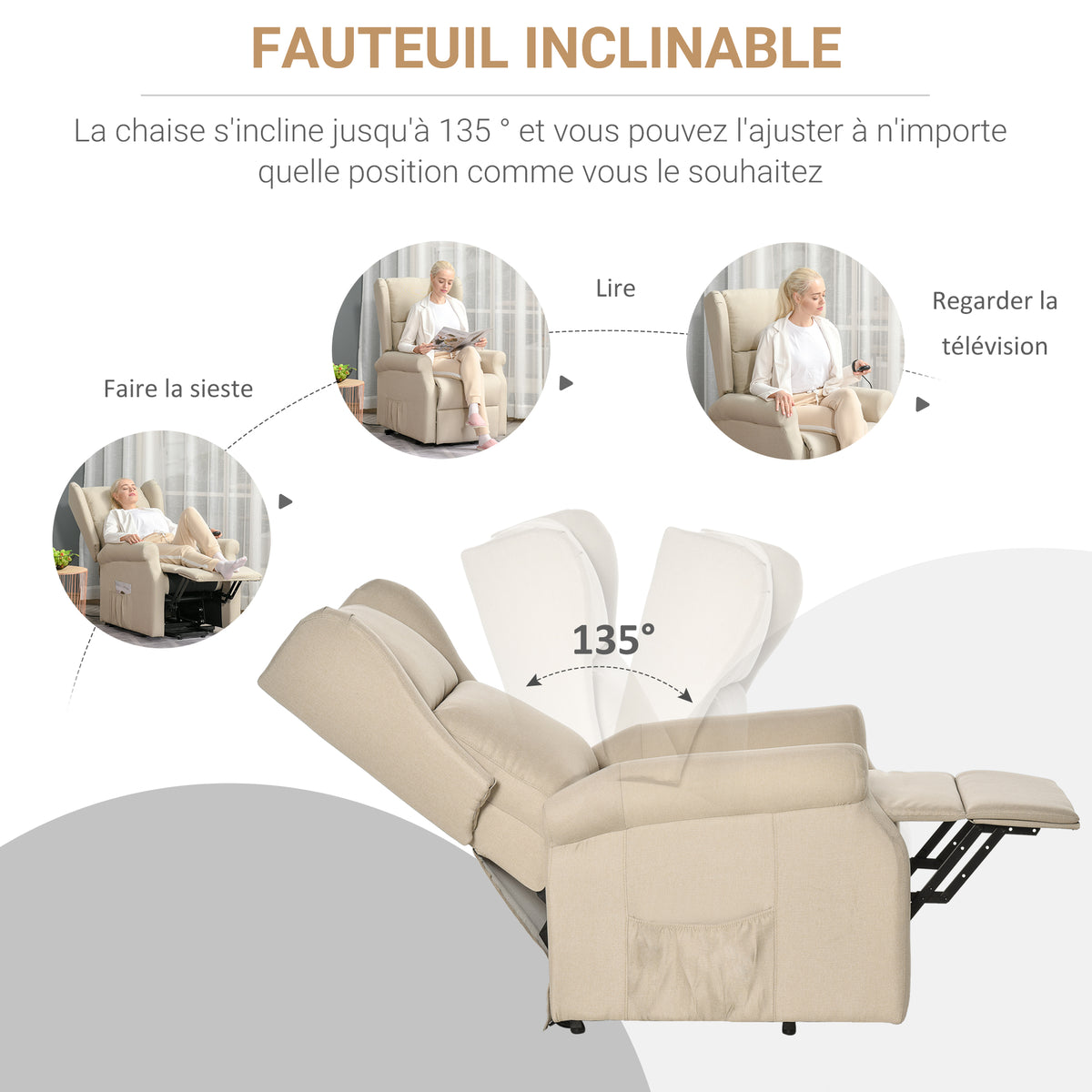 Fauteuil releveur inclinable avec Repose-Pied Fauteuil de Relaxation électrique Ajustable Lin Crème-4
