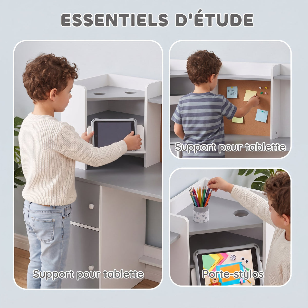 Bureau Enfant avec Chaise, Table d'Étude, Support de Tablette Réglable, Porte-Stylos, Panneau en Liège, 5-12 ans, Gris-4