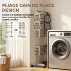 Séchoir à linge pliable 4 niveaux avec roulettes, étendoir linge intérieur avec ailes latérales, cadre en acier, gris-5