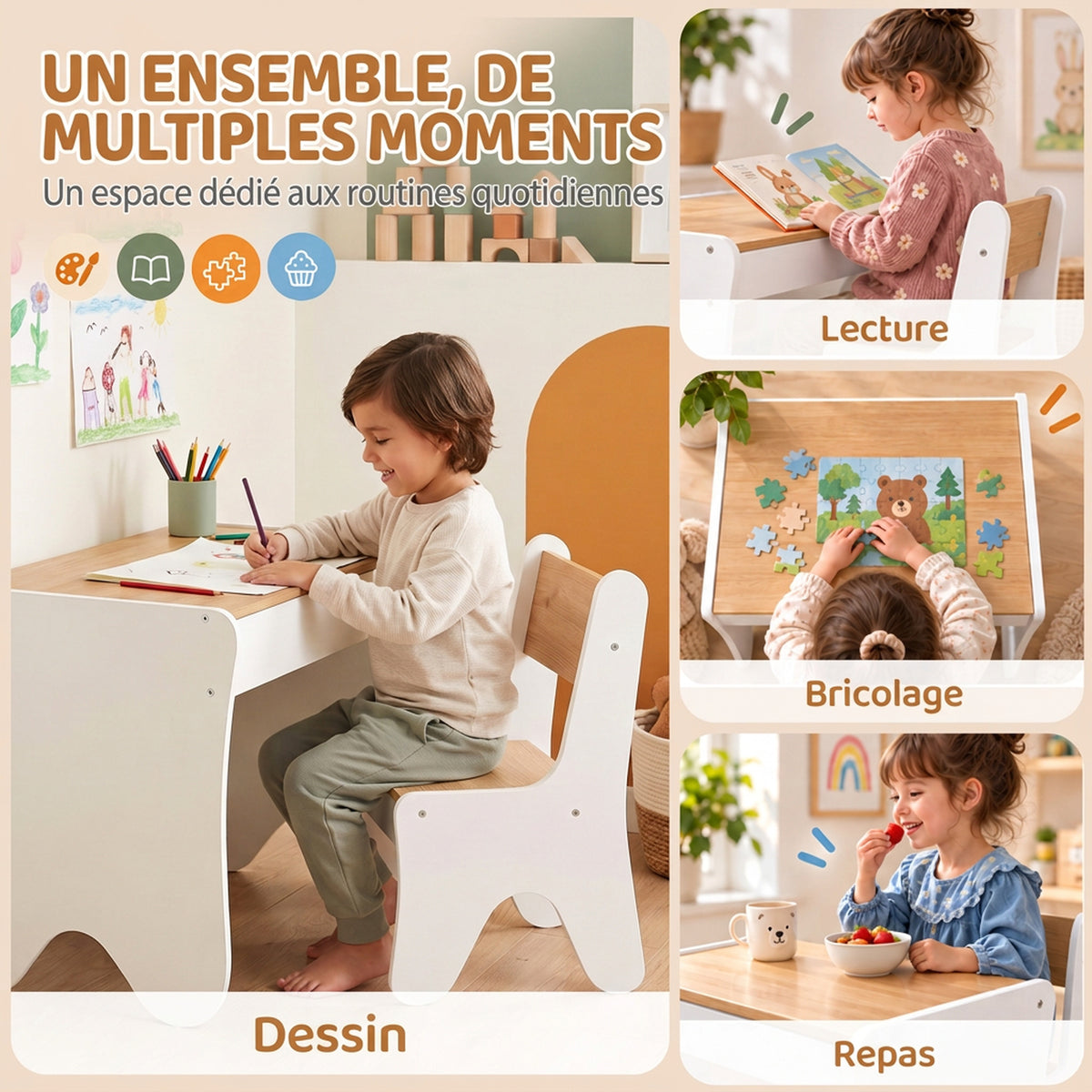 Bureau et Chaise pour Enfant 2 Pièces, Ensemble Table d'Activité avec Tiroir, 3 à 8 Ans, Blanc et Bois Naturel-6