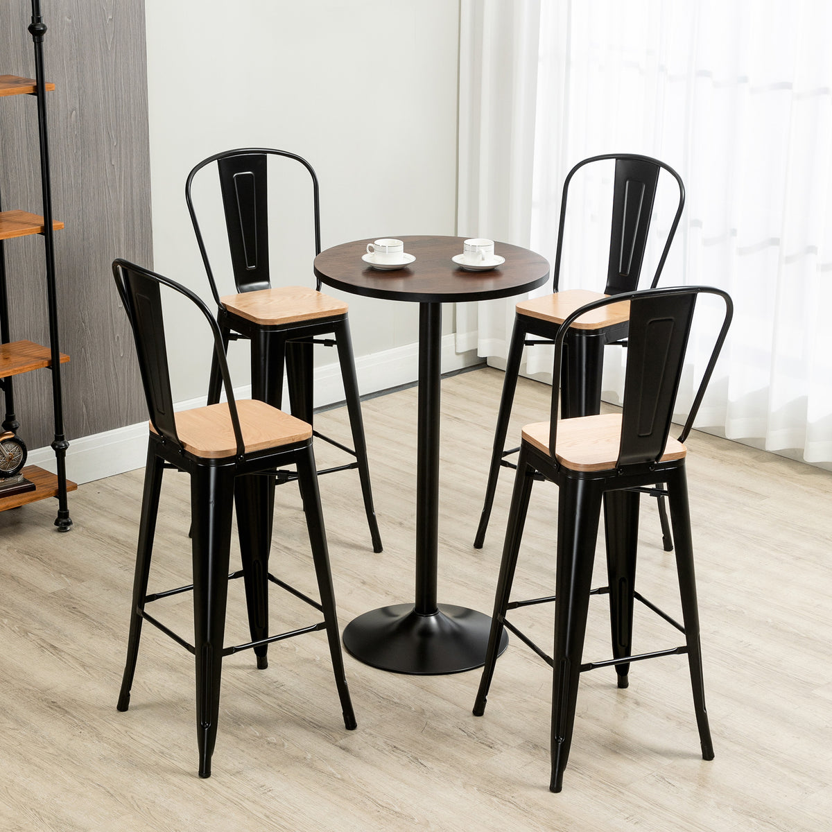 Lot de 4 tabourets de Bar Industriel avec Dossier Repose-Pied Hauteur Assise 76 cm métal noir Panneaux Multicouches Imitation Bois Clair-9