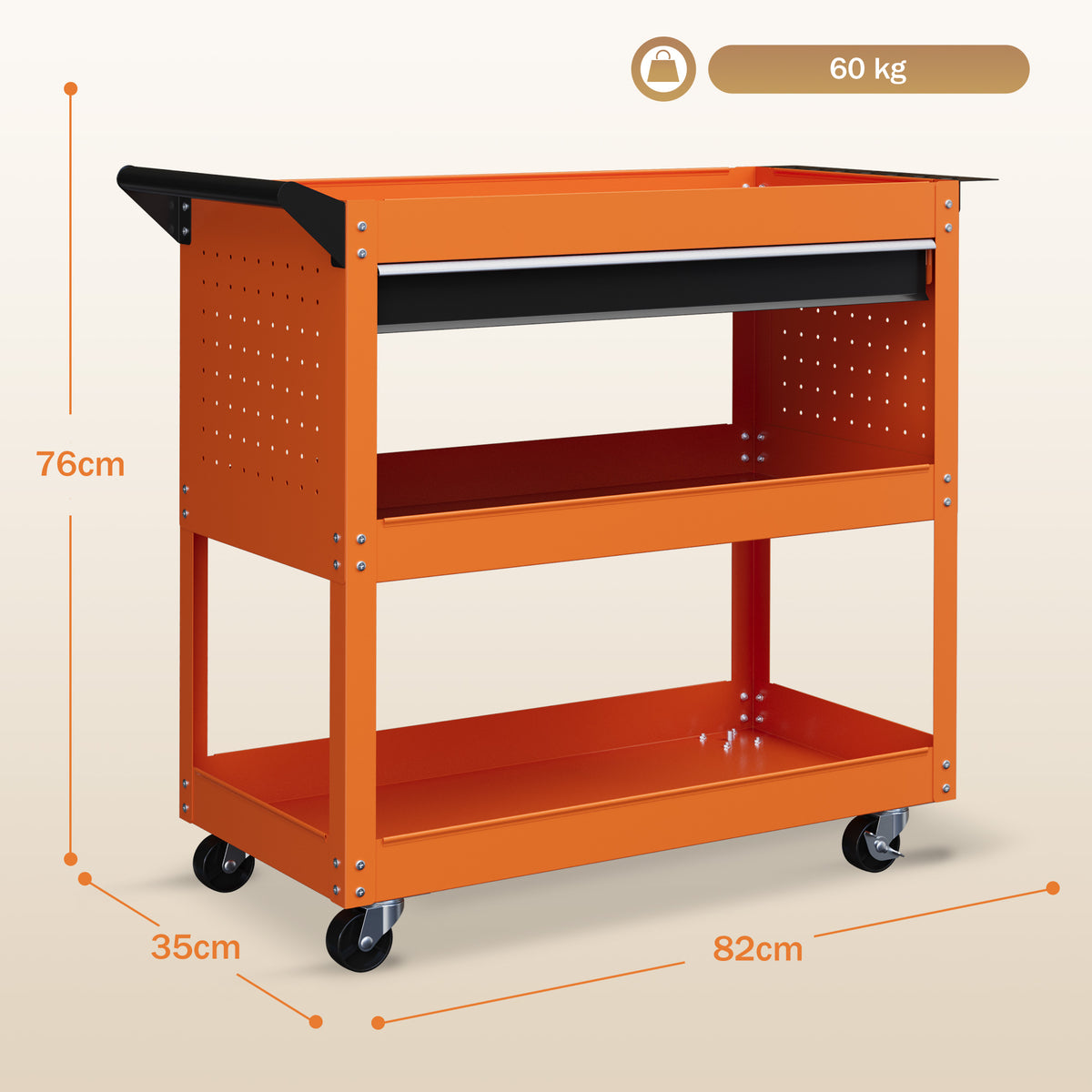 Chariot d'atelier servante atelier à 3 niveaux avec tiroir, porte-outils latéral et poignée, 82x35x76 cm, orange-2