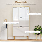 Meuble à chaussures, armoire à chaussures étroite, 3 tiroirs rabattables, porte haute brillante, 60x24x127cm, blanc-3