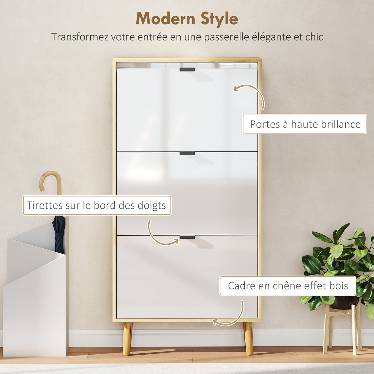 Meuble à chaussures, armoire à chaussures étroite, 3 tiroirs rabattables, porte haute brillante, 60x24x127cm, blanc-3