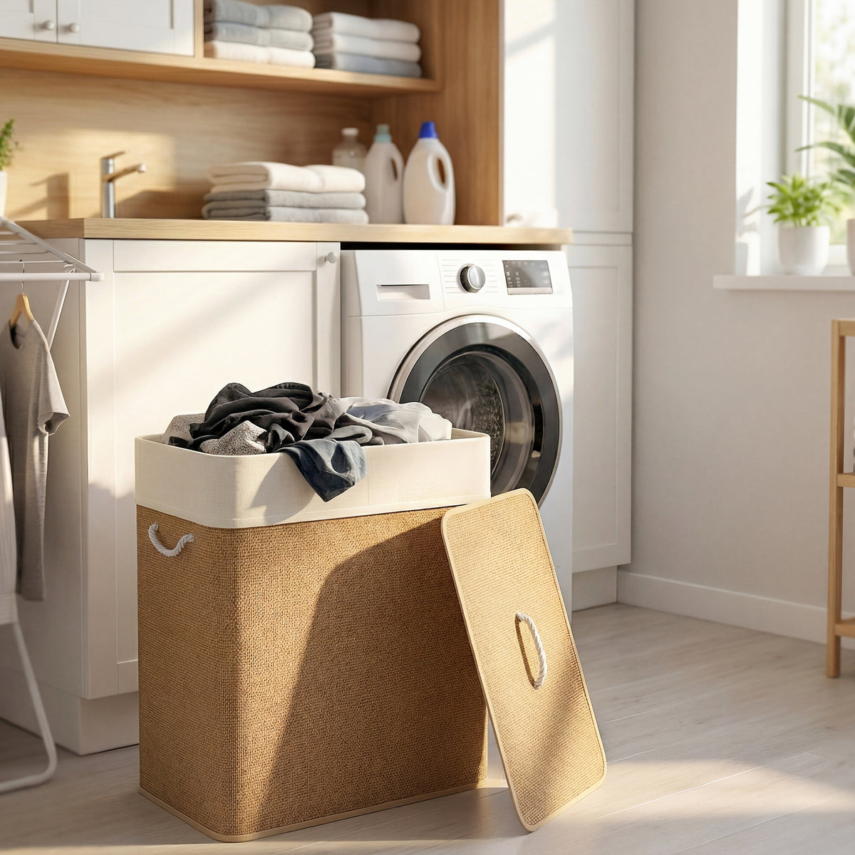 Panier à linge double avec couvercle, panier à linge en bambou 100 L avec poignées en corde-1