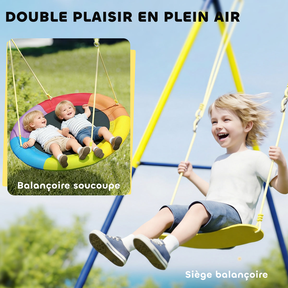 Balançoire portique pour enfant avec double balancelles, cordes réglables, cadre en acier, pour 3-8 ans, multicolore-3