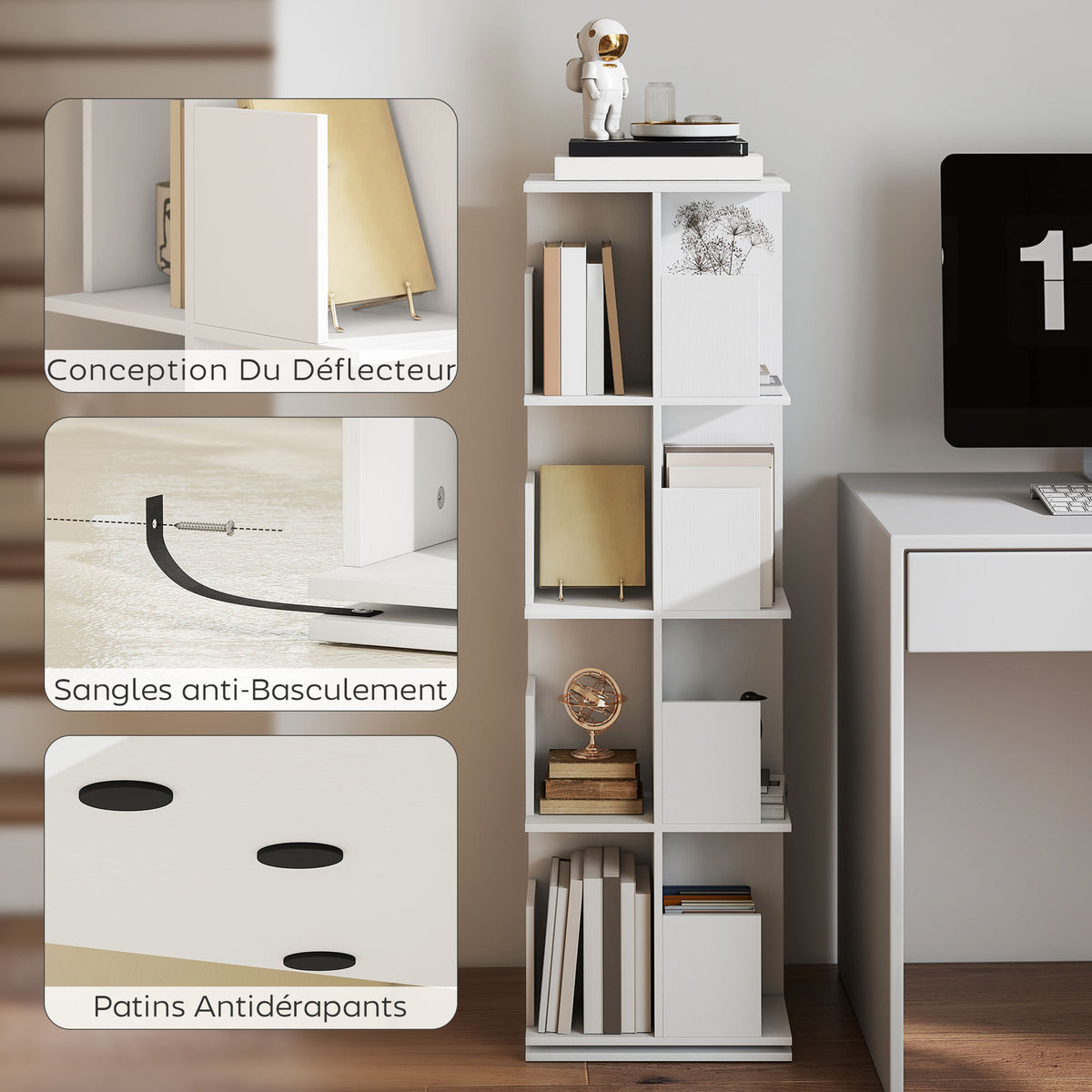 Bibliothèque rotative à 4 niveaux, étagère rangement avec 16 compartiments, 39 x 39 x 128,3 cm, blanc-5