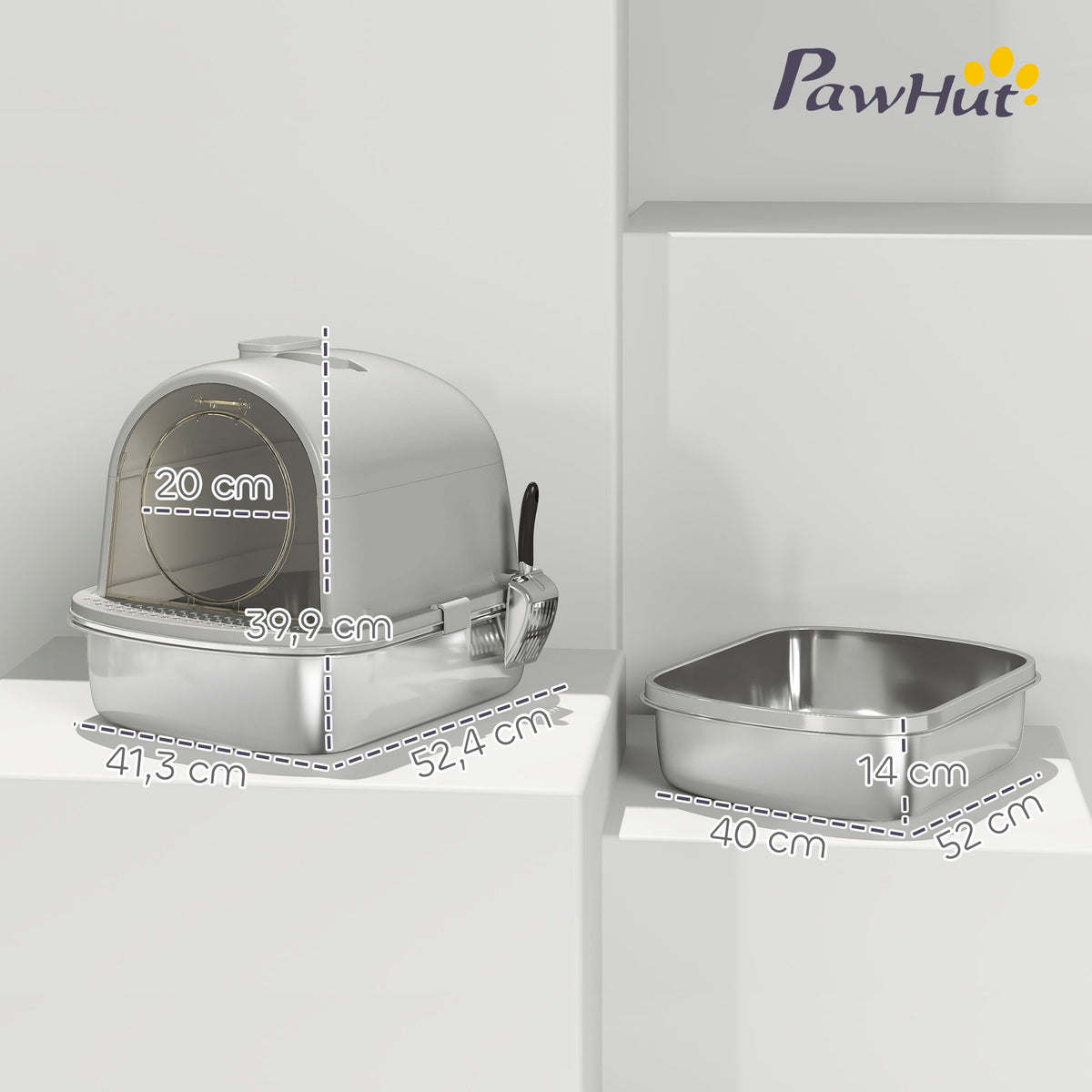 Maison de toilette pour chat bac à litière fermé bac acier inoxydable, nettoyage facile, 52,4 x 41,3 x 39,9 cm, blanc-2