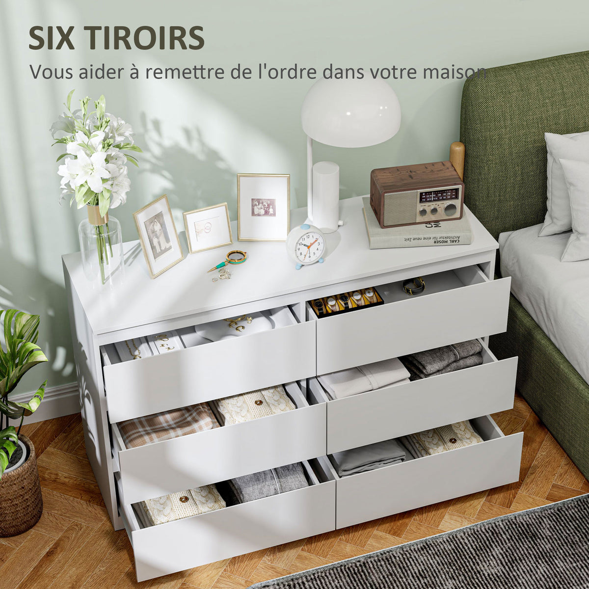 Commode 6 tiroirs meuble de rangement sans poignées design minimaliste 120 x 39 x 75 cm blanc-4