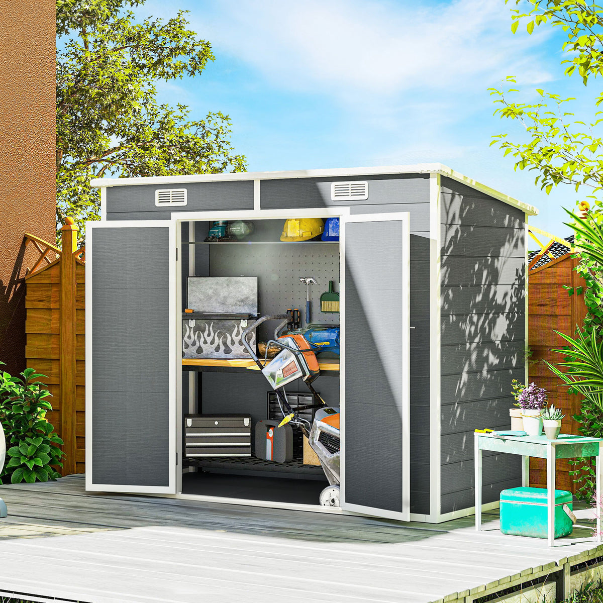 Abri de jardin extérieur 2,4 x 1,3 m, en résine avec plancher, fenêtre, portes verrouillables et aérations, gris-1