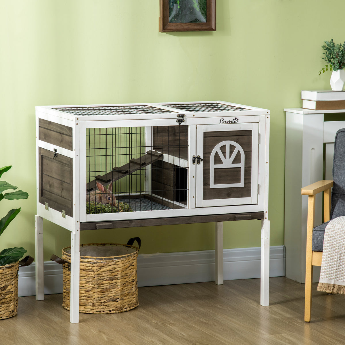 Clapier à lapins cage lapin intérieur, avec bac amovible, 2 portes verrouillables, échelle, 90 x 53 x 87 cm, café-1