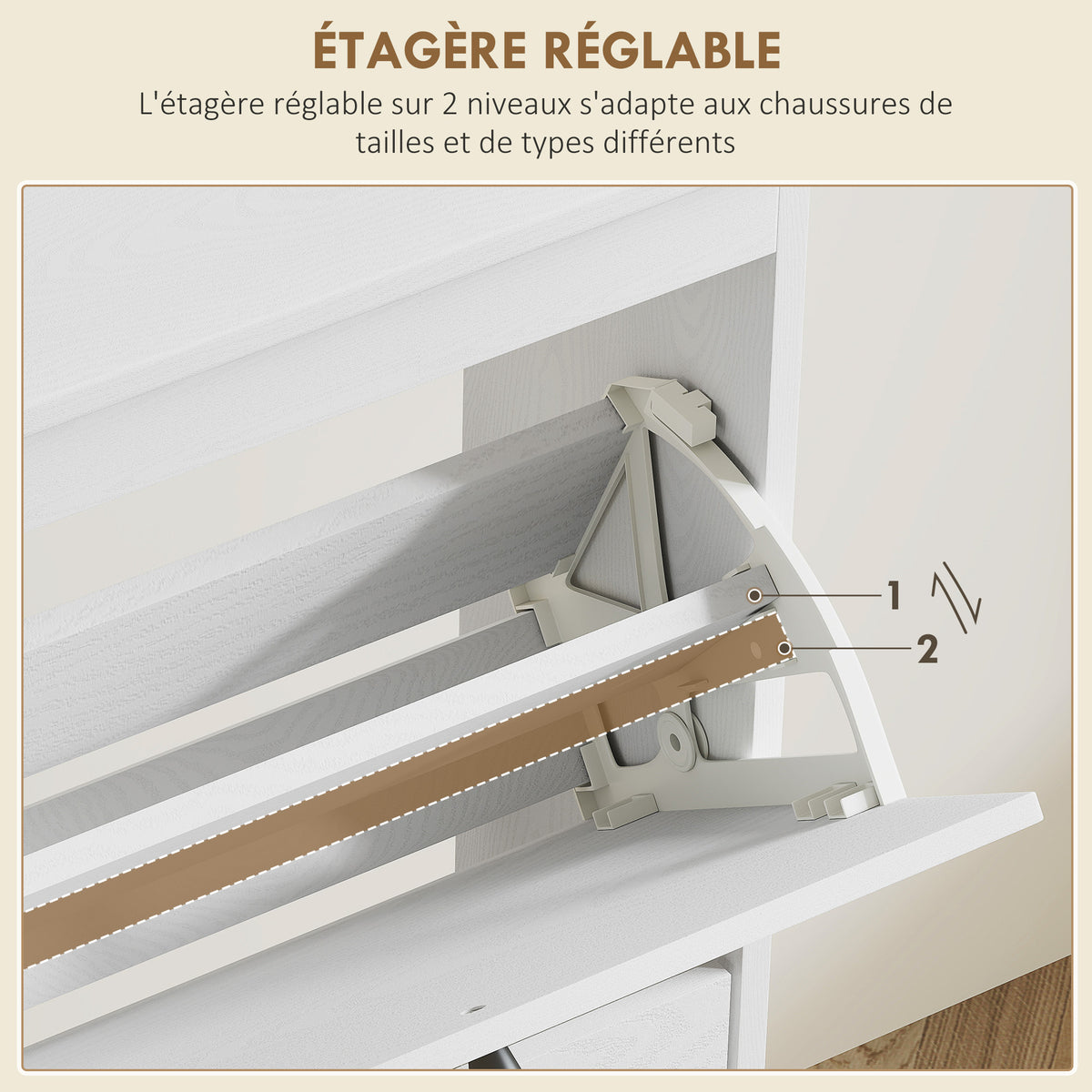 Meuble à chaussures 4 abattants 20 paires étagère réglable style bohème pieds en bois massif 105 x 24 x 97,5 cm blanc-4