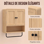 Armoire murale de salle de bain, meuble de rangement suspendu avec 2 portes, étagère ouverte, porte-serviettes, chêne-6