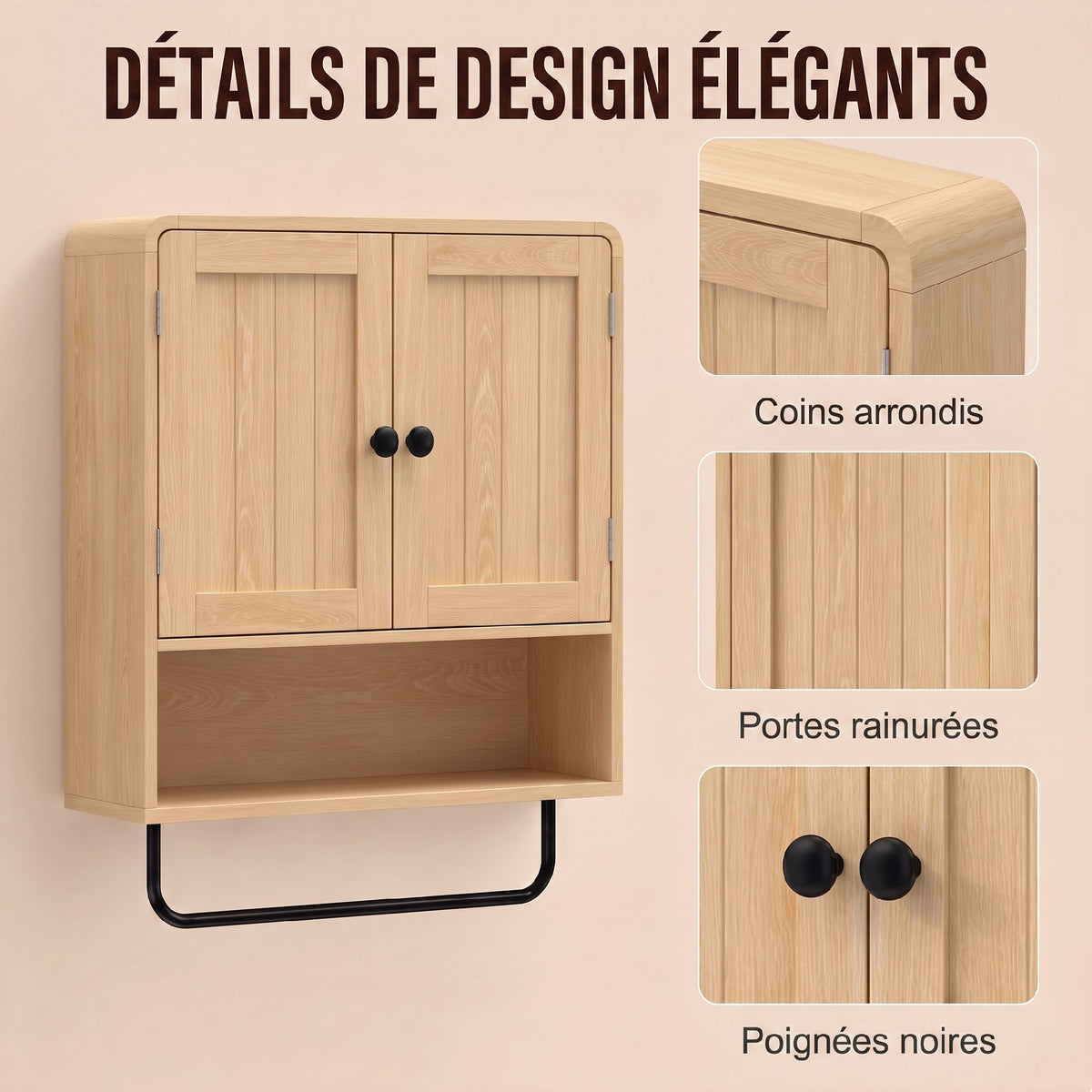 Armoire murale de salle de bain, meuble de rangement suspendu avec 2 portes, étagère ouverte, porte-serviettes, chêne-6