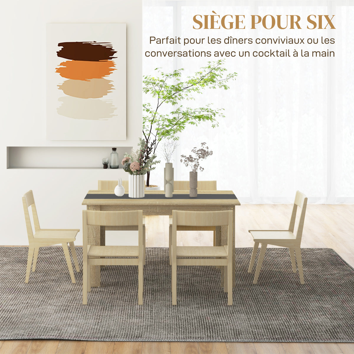 Table de salle à manger pour 6 personnes en bois aspect naturel et noir, dim. 140L x 90l x 75H cm-3