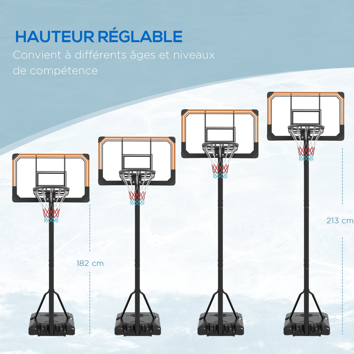 Panier de basket sur pied hauteur réglable 213 - 243 cm avec base de lestage roulettes panneau arrière robuste noir-4