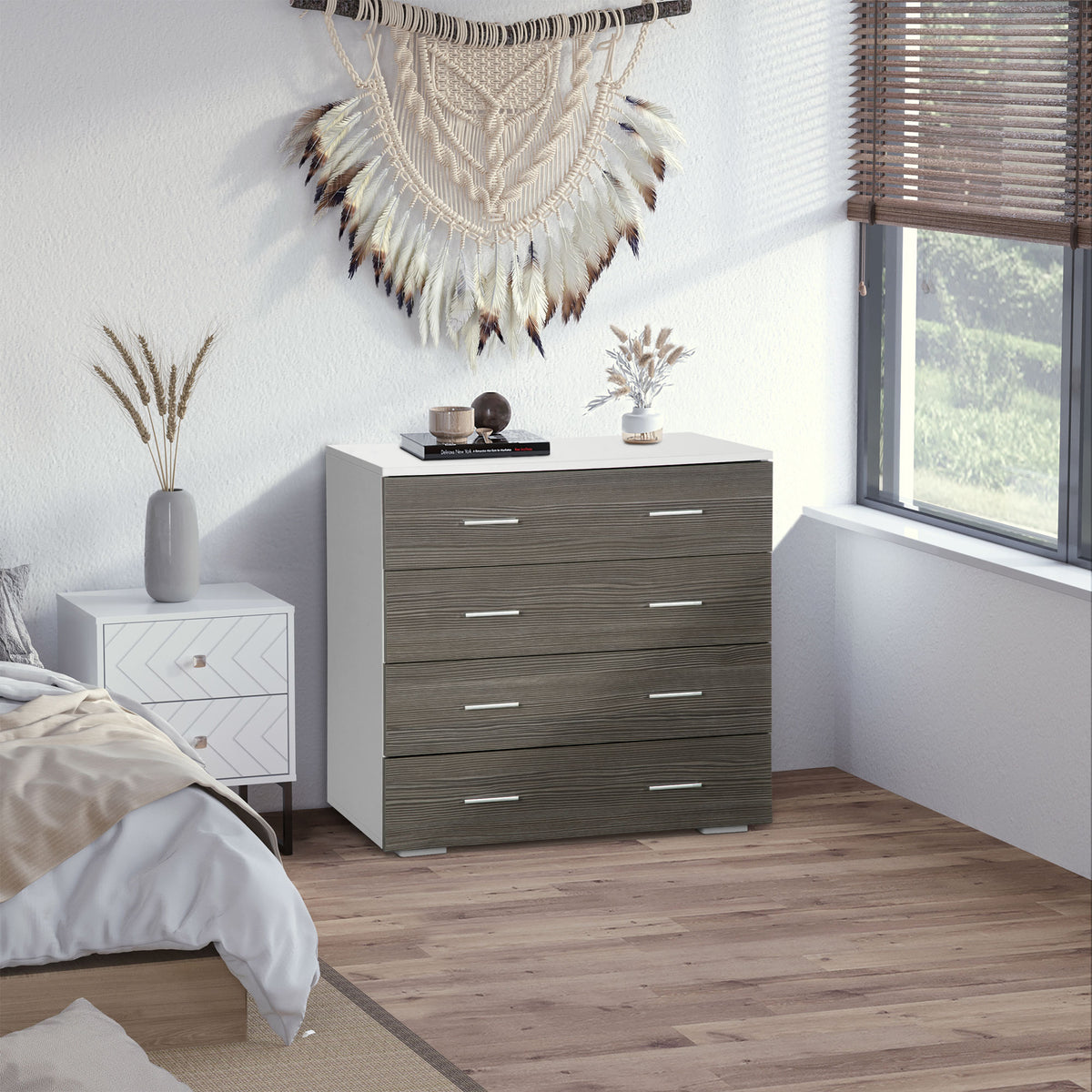 Commode meuble de rangement style contemporain 4 tiroirs 76 x 35 x 72 cm blanc et gris-1