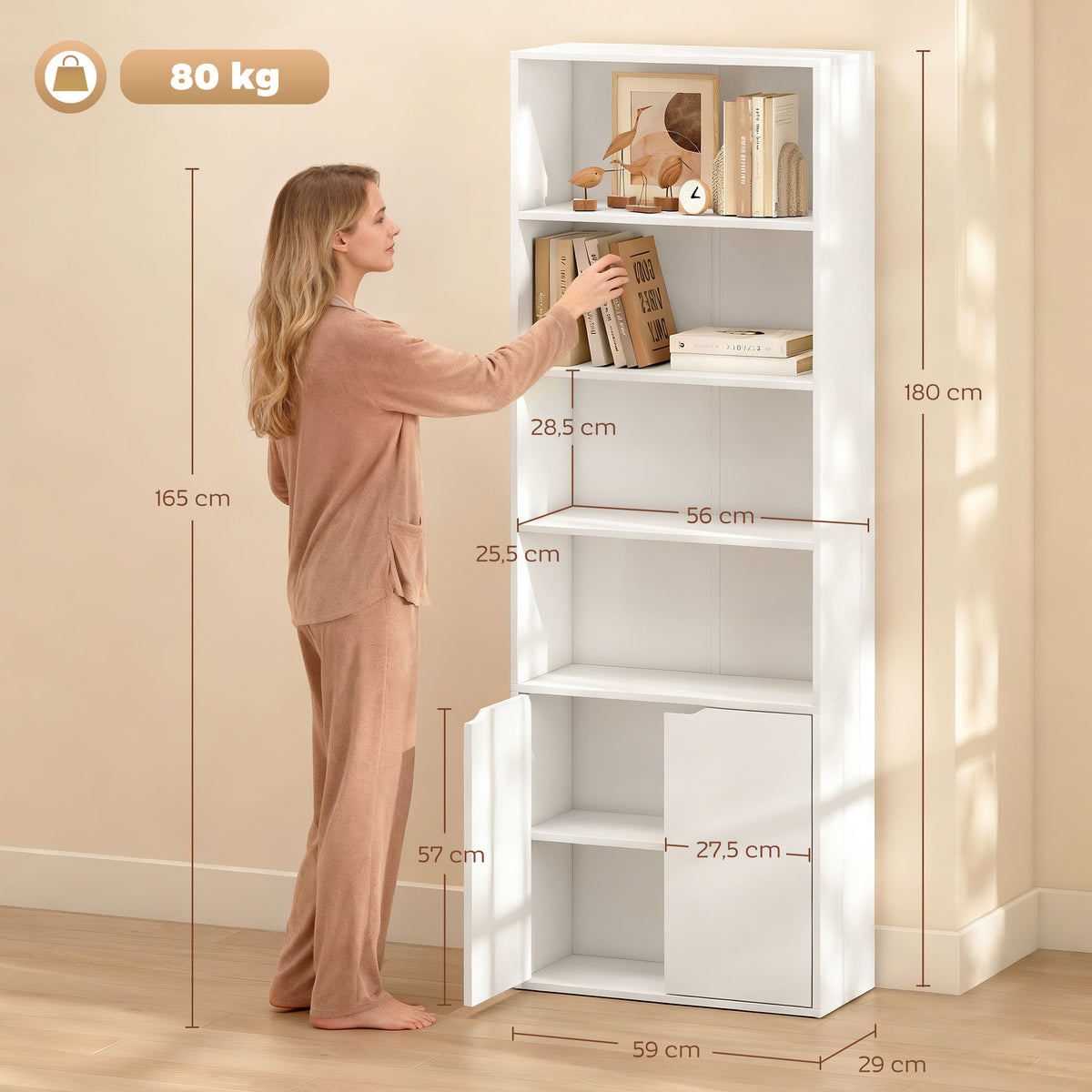 Bibliothèque Armoire à livres avec 4 compartiments ouverts et 2 portes pour le salon et le bureau 59x29x180 cm Blanc-2