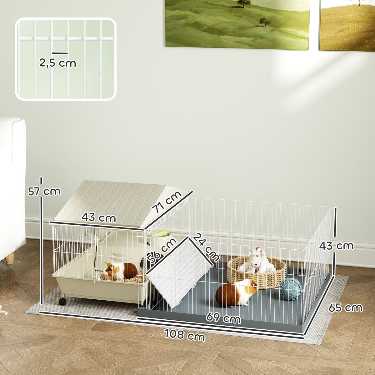 Cage cochon d'inde cage pour petits animaux avec parc amovible tapis imperméable mangeoire à foin 108 x 71 x 57 cm beige-2