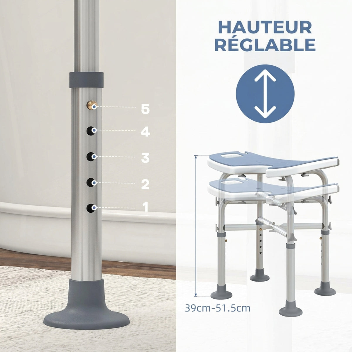 Tabouret de Douche, Hauteur Ajustable 39-51,5 cm, Barre d'Appui à Ventouse, Patins à Ventouse, Bleu Clair-4