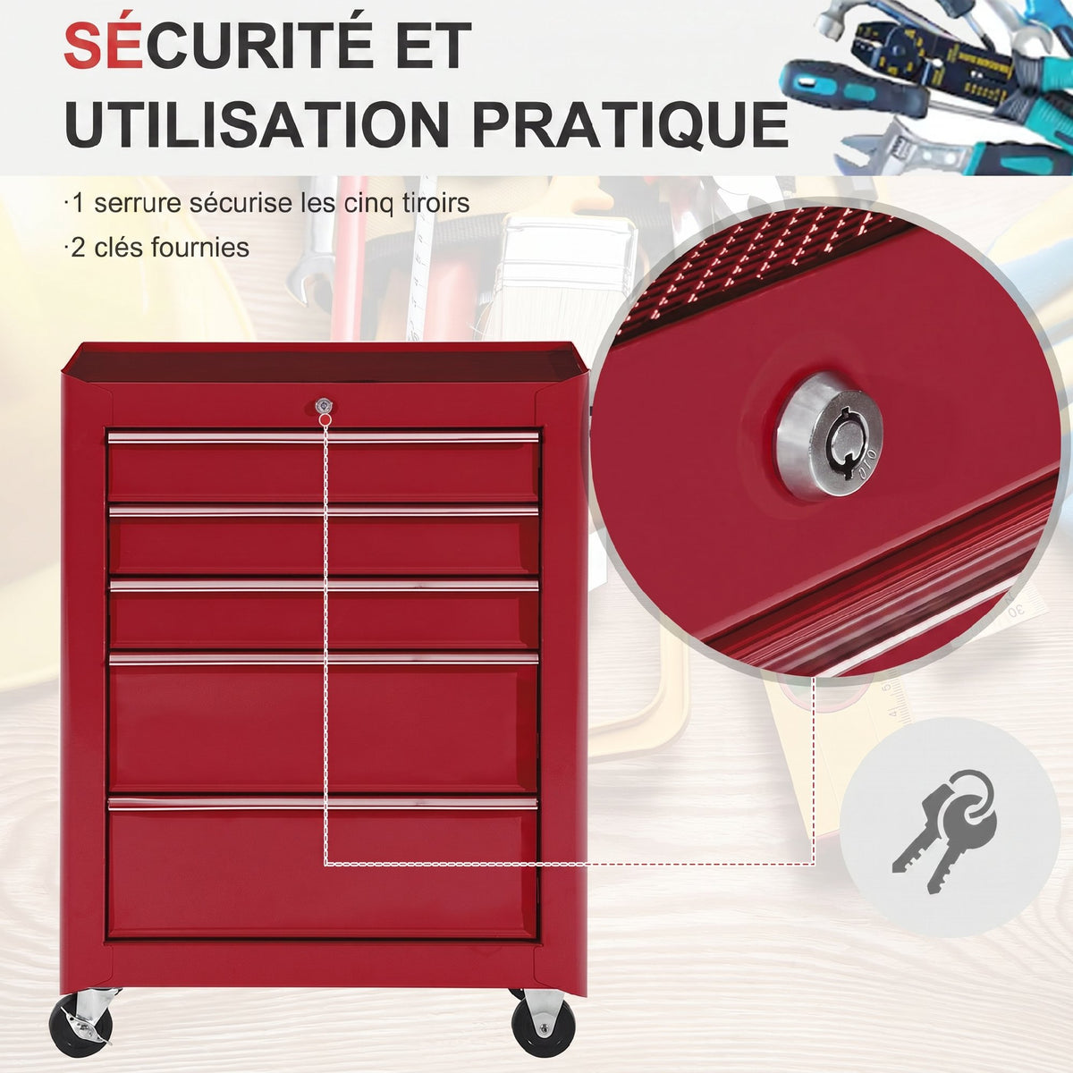 Chariot à outils sur roulettes, Servante d'atelier en acier 5 tiroirs verrouillable 2 clés, 61,5 x 33 x 82,5 cm, rouge-3