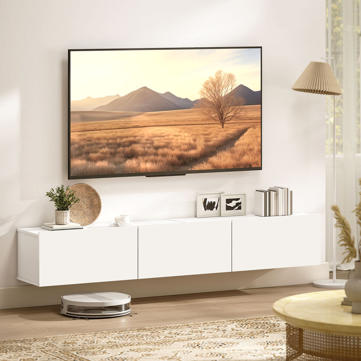 Meuble TV Suspendu 180 cm, Meuble télé pour téléviseur jusqu'à 82 Pouces 3 Portes Rabattables à Fermeture Douce, Blanc-1
