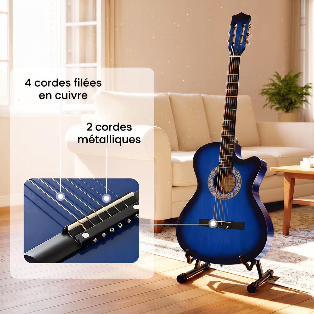 Pack guitare électrique kit guitare électrique avec sac, sangle, corde, médiators, câble, 96,5x35,8x8,5cm, bleu et noir-3