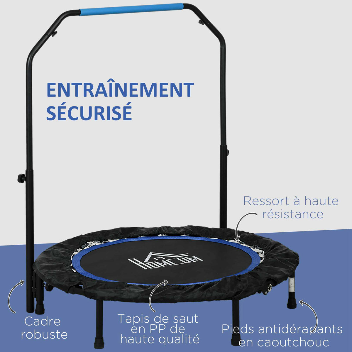 Trampoline de fitness gymnastique avec poignée réglable, pliable, 6 pieds, 28 ressorts Ø 102 cm, noir bleu-5