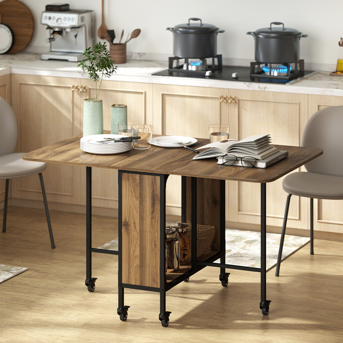 Table à manger pliante sur roulettes, table de cuisine pour 6 personnes avec étagère intégrée, 130 x 80 x 74 cm, marron-1