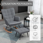 Fauteuil à bascule avec repose-pieds, rocking chair, assise large, dossier haut, coussin inclus, 64 x 89 x 90 cm, gris-5