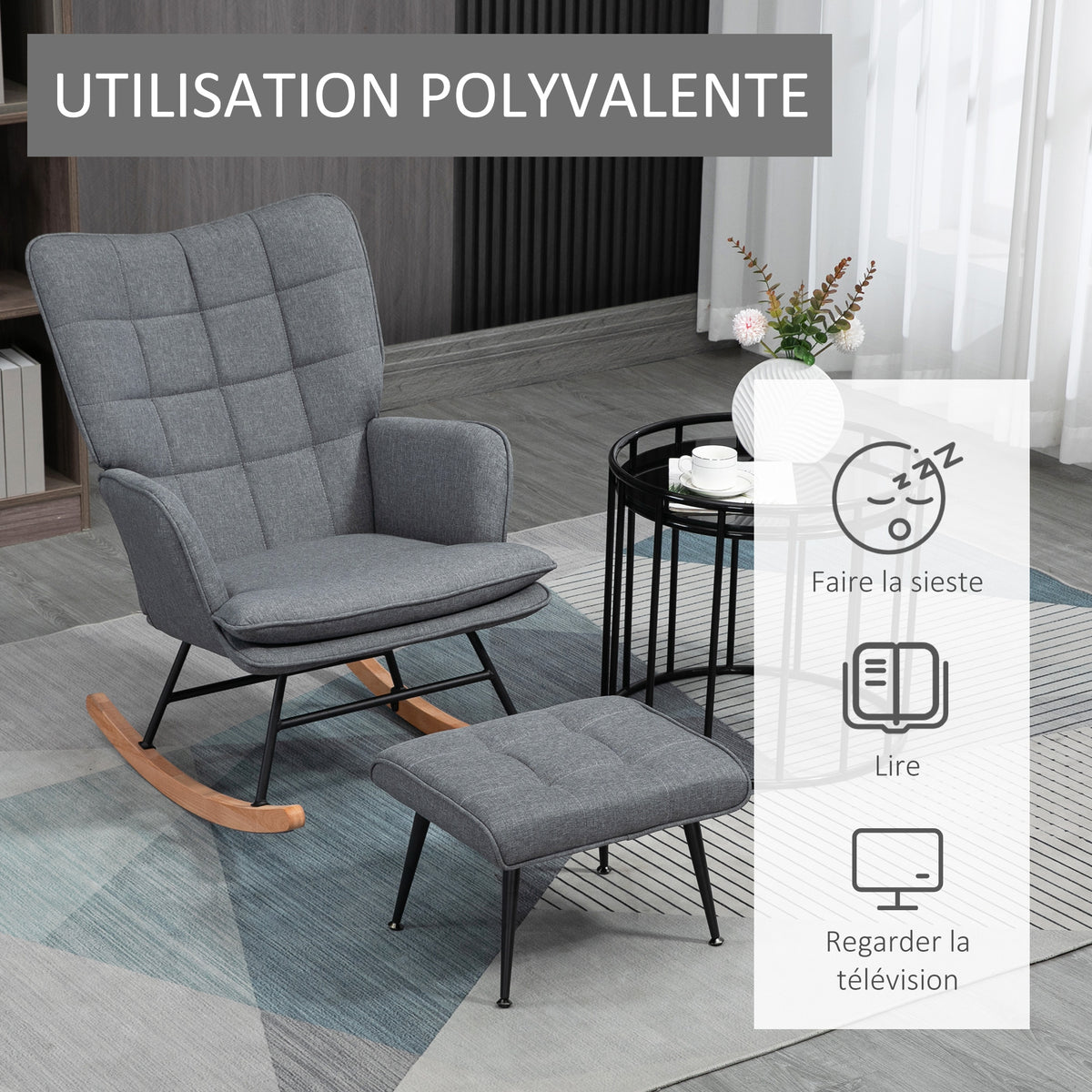 Fauteuil à bascule avec repose-pieds, rocking chair, assise large, dossier haut, coussin inclus, 64 x 89 x 90 cm, gris-5