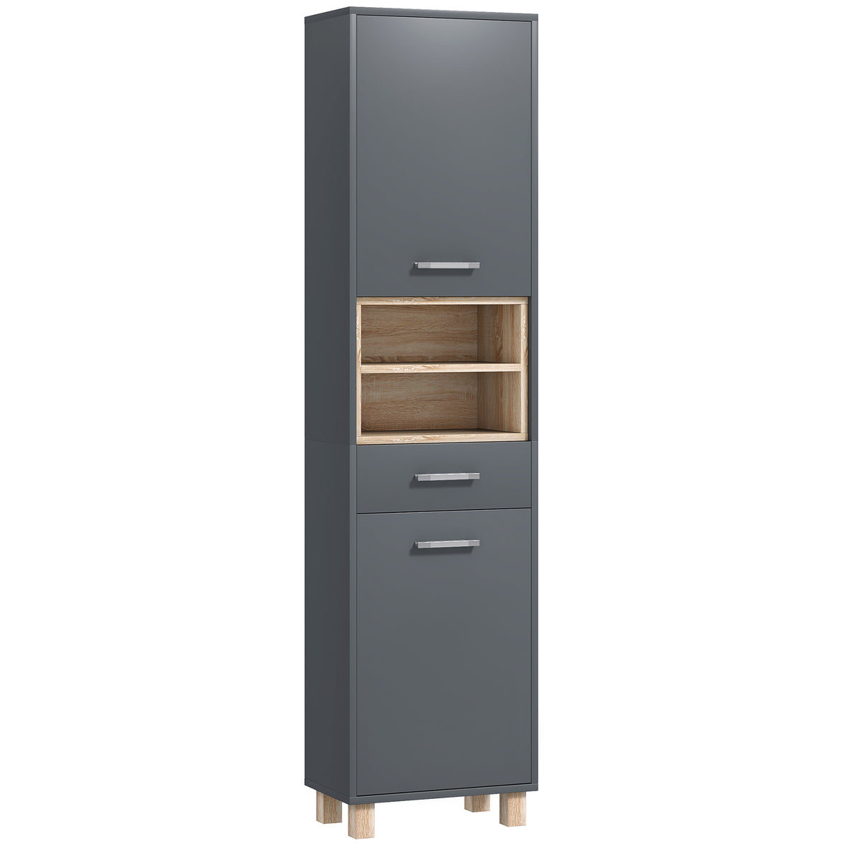 Colonne salle de bain, meuble salle de bain rangement avec 2 placards, tiroir et 2 compartiments ouverts, gris-0