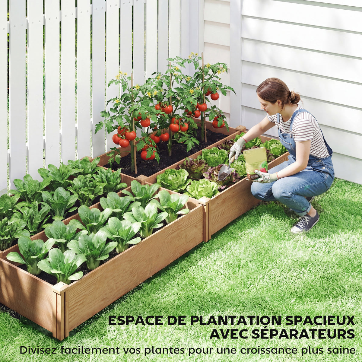 Carré Potager en Bois Lit de Jardin Surélevé 4 Zones de Culture Fond Ouvert Montage sans Outil 234x109x25cm Marron Clair-4