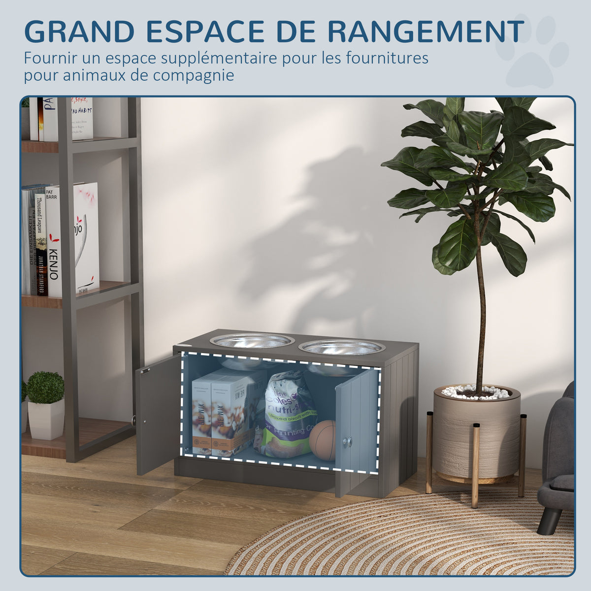 Gamelles Chiens Surélevées Gamelle Double Chien Chat Porte-Gamelles 2L Acier Inox 60 x 30 x 35,5 cm Gris-4