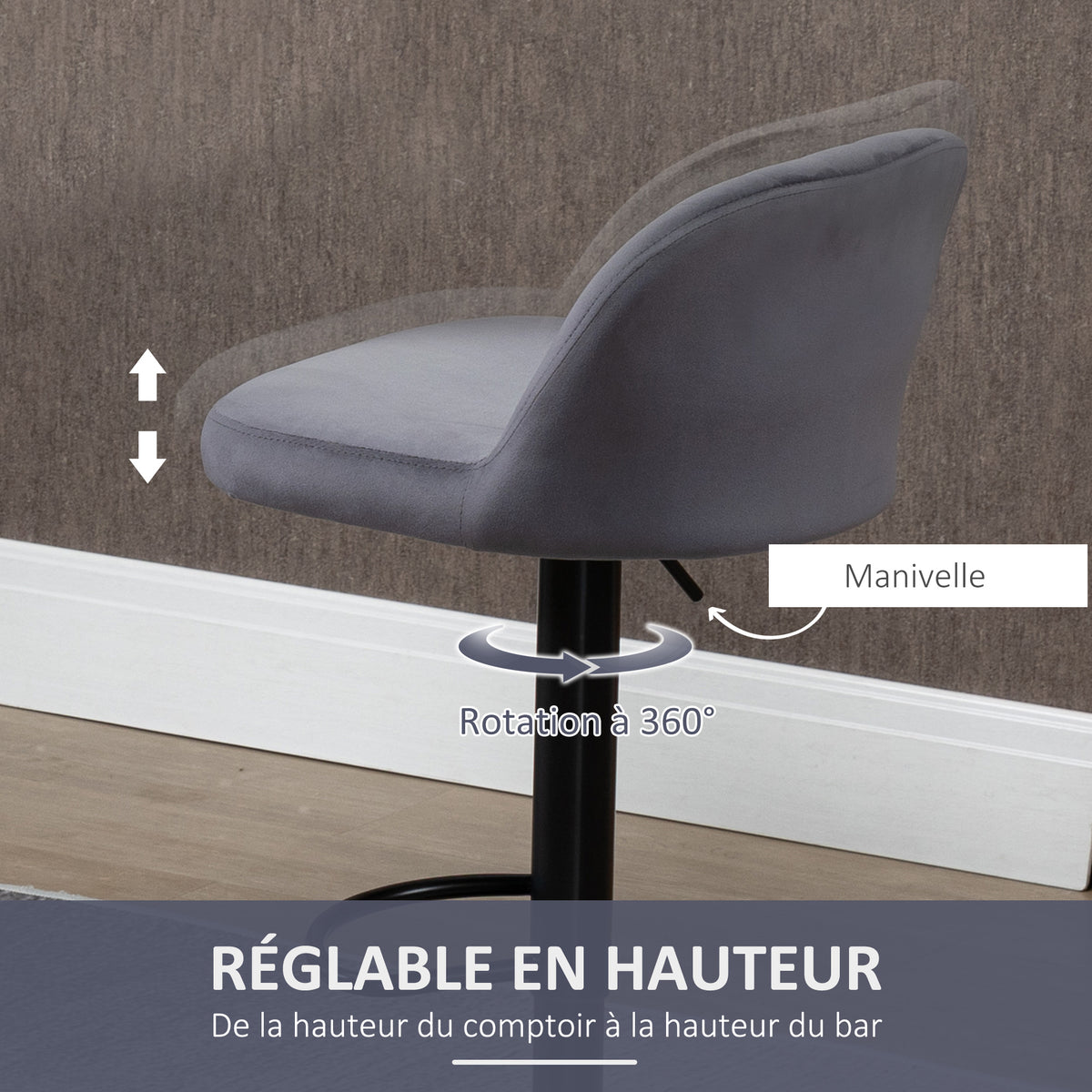 Lot de 2 tabourets de bar design contemporain avec repose-pieds hauteur réglable et pivotant gris-4