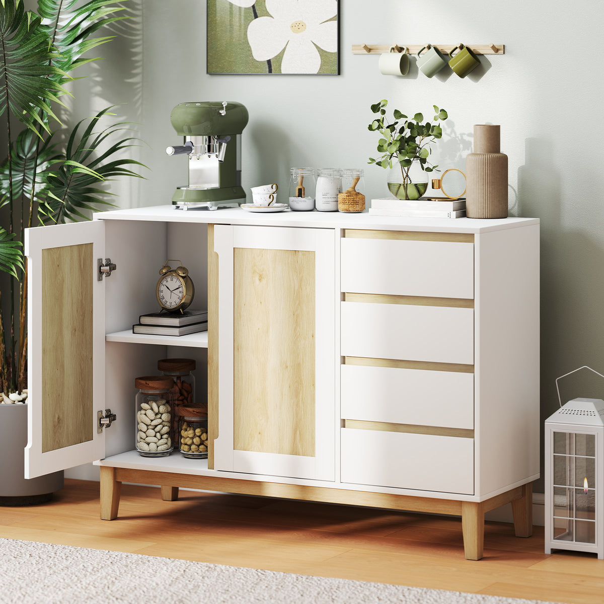 Buffet, meuble de rangement avec 2 portes et 4 tiroirs, étagère réglable, 120 x 40 x 86 cm, blanc et chêne-9