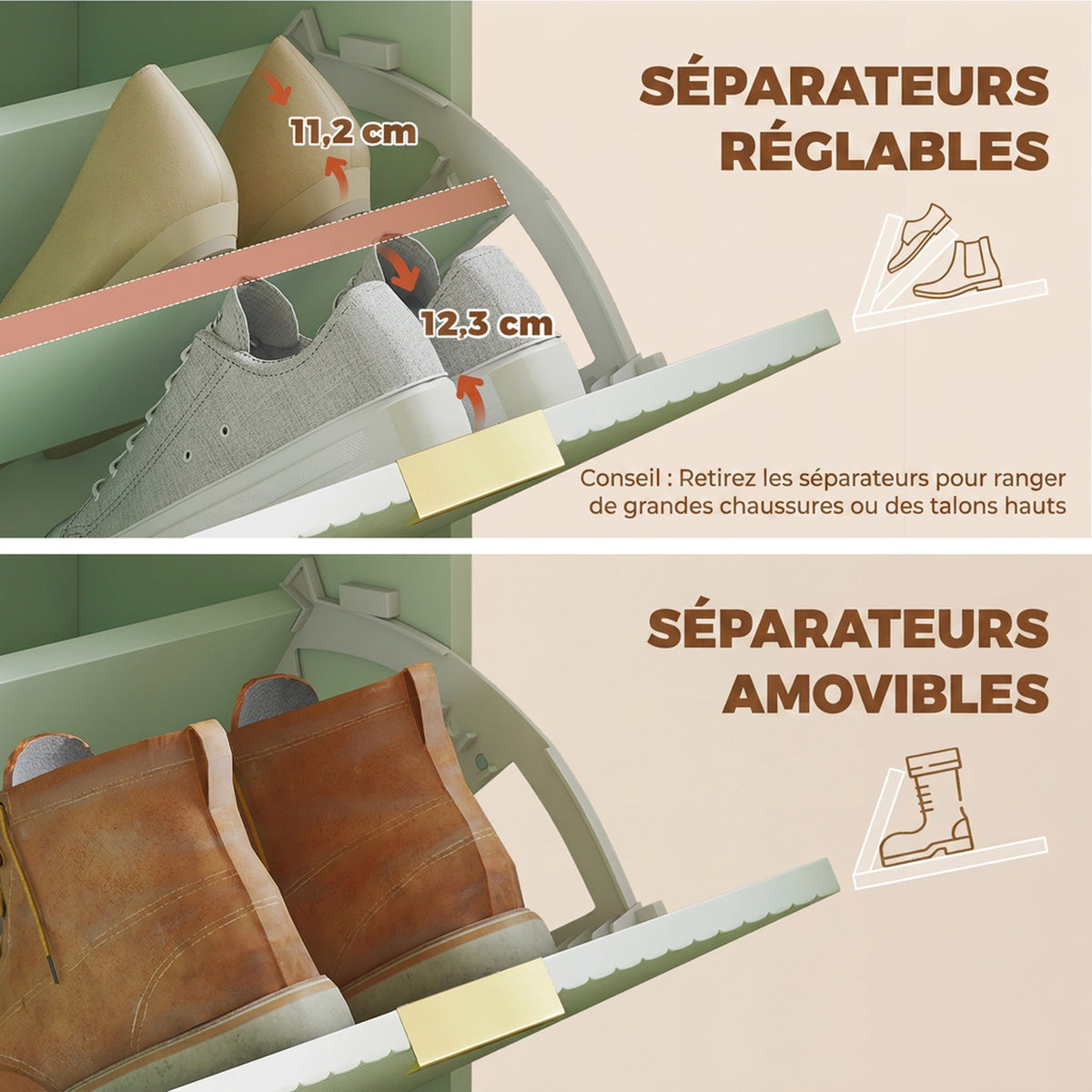 Banc à chaussures avec coussin d'assise rembourré et tiroir rabattable pour couloir, chambre, 62 x 26 x 47,5 cm, vert-5