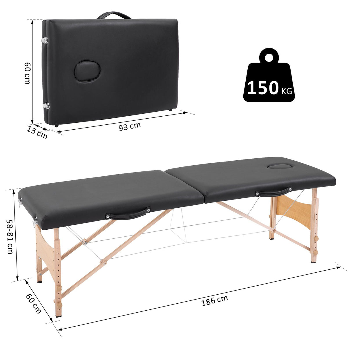 Table de massage pliante, lit de massage 2 zones 186 x 60 cm portable, hauteur réglable noir-2