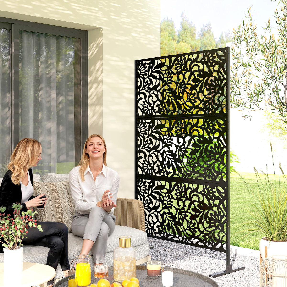 Panneau Brise Vue décoratif Extérieur Claustra Décoratif Jardin 3 Panneaux à motif floral Acier 122 x 45 x 198 cm Noir-1