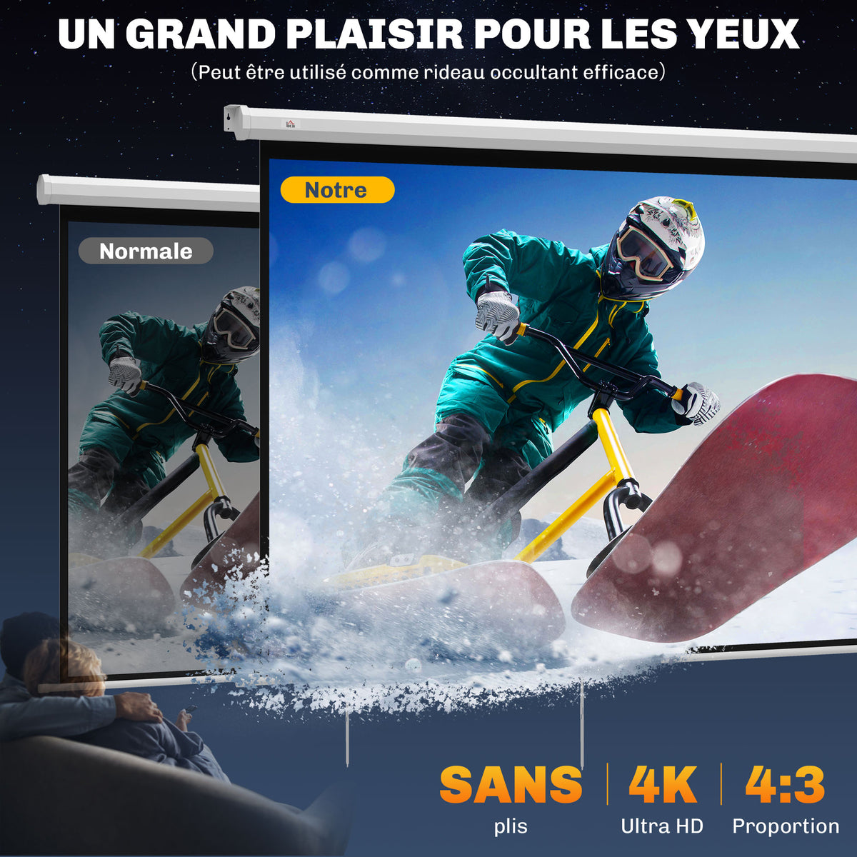 Écran de projection de 84 pouces, écran vidéoprojecteur, 4:3 4K HD, fixation mur ou plafond, 181l x 8P x 138H cm, blanc-3