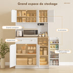 Buffet haut cuisine, armoire de cuisine, station de charge, 6 portes, plan de travail, porte-épices, 100x40x173cm, blanc-3